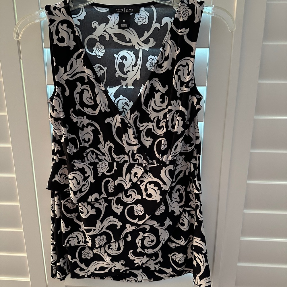 White House Black Market Black and White Wrap Blouse